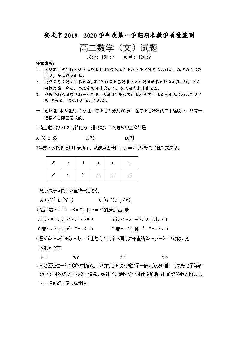 安徽省安庆市2019-2020学年高二上学期期末教学质量监测 数学（文）试题01
