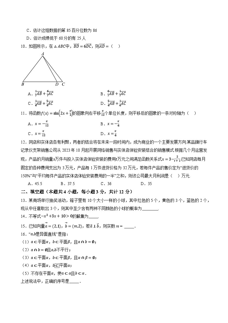 2024年1月辽宁省普通高中学业水平合格性考试数学仿真模拟卷02(考试版)第2页
