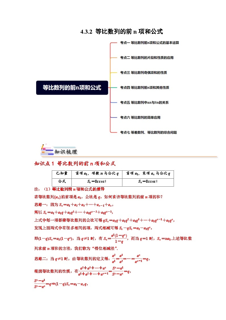 人教A版（2019）选修二 第四章数列 4.3.2 等比数列的前n项和公式 全题型归纳（讲义）+课后分层专练 （同步练习）01