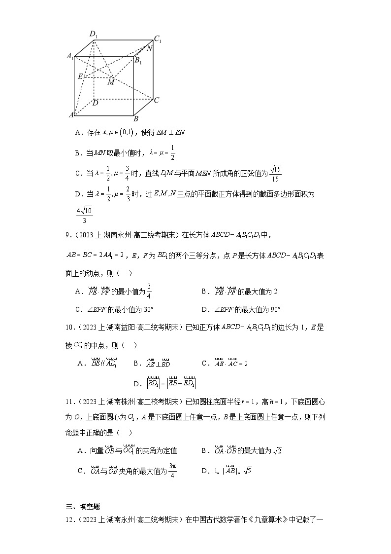03空间向量与立体几何-湖南省2023-2024学年高二上学期期末数学专题练习（人教版）03