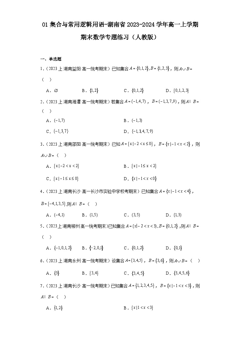 01集合与常用逻辑用语-湖南省2023-2024学年高一上学期期末数学专题练习（人教版）