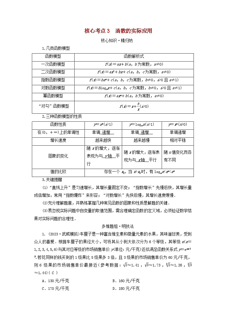 新教材适用2024版高考数学二轮总复习第1篇专题3函数与导数第2讲基本初等函数函数与方程核心考点3函数的实际应用教师用书第1页