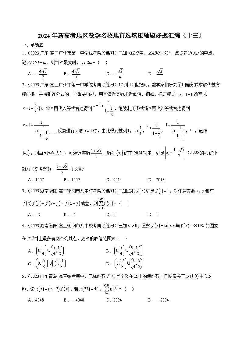 2024年新高考地区数学名校地市选填压轴题好题汇编(十三)01
