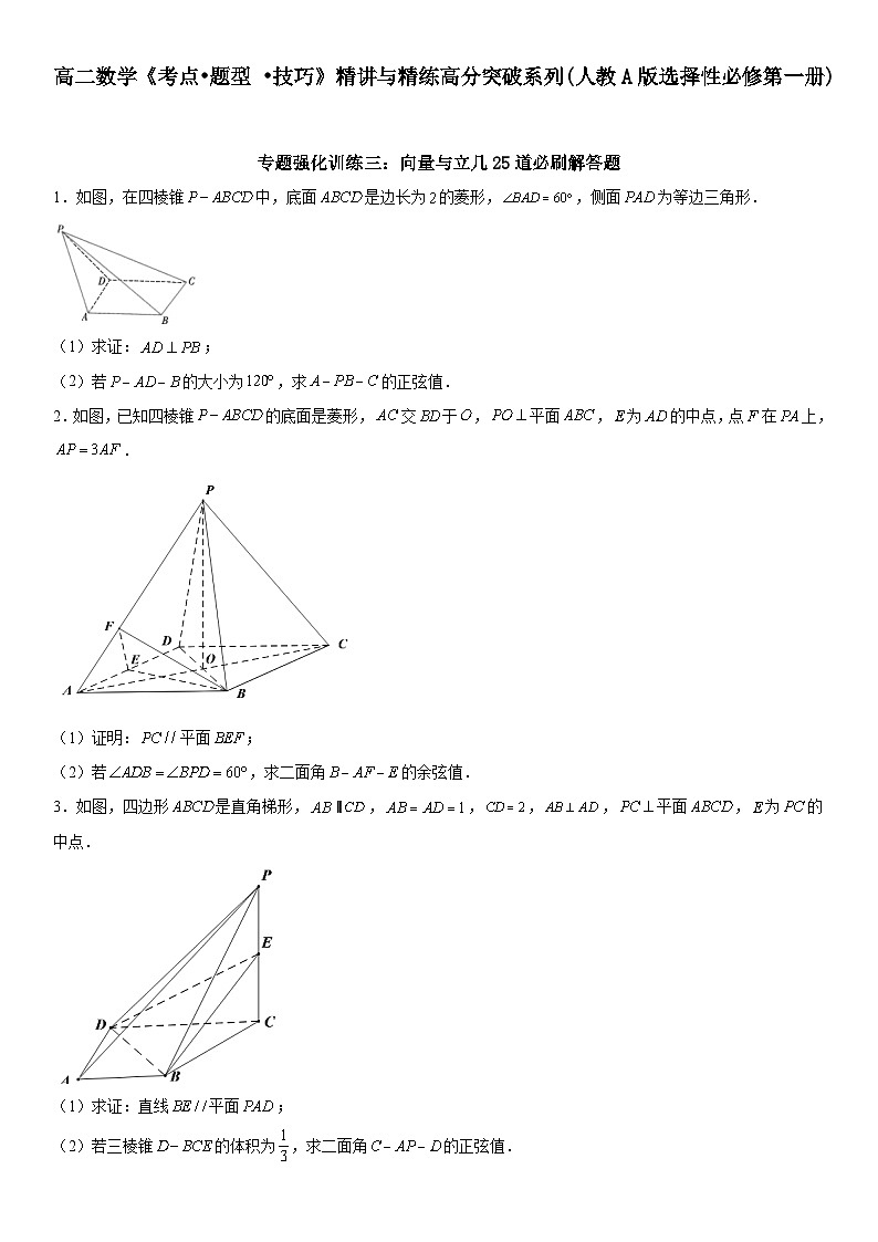 专题强化训练三 向量与立几25道必刷解答题-高二数学《考点•题型 •技巧》精讲与精练高分突破(人教A版2019选择性必修第一册)第1页