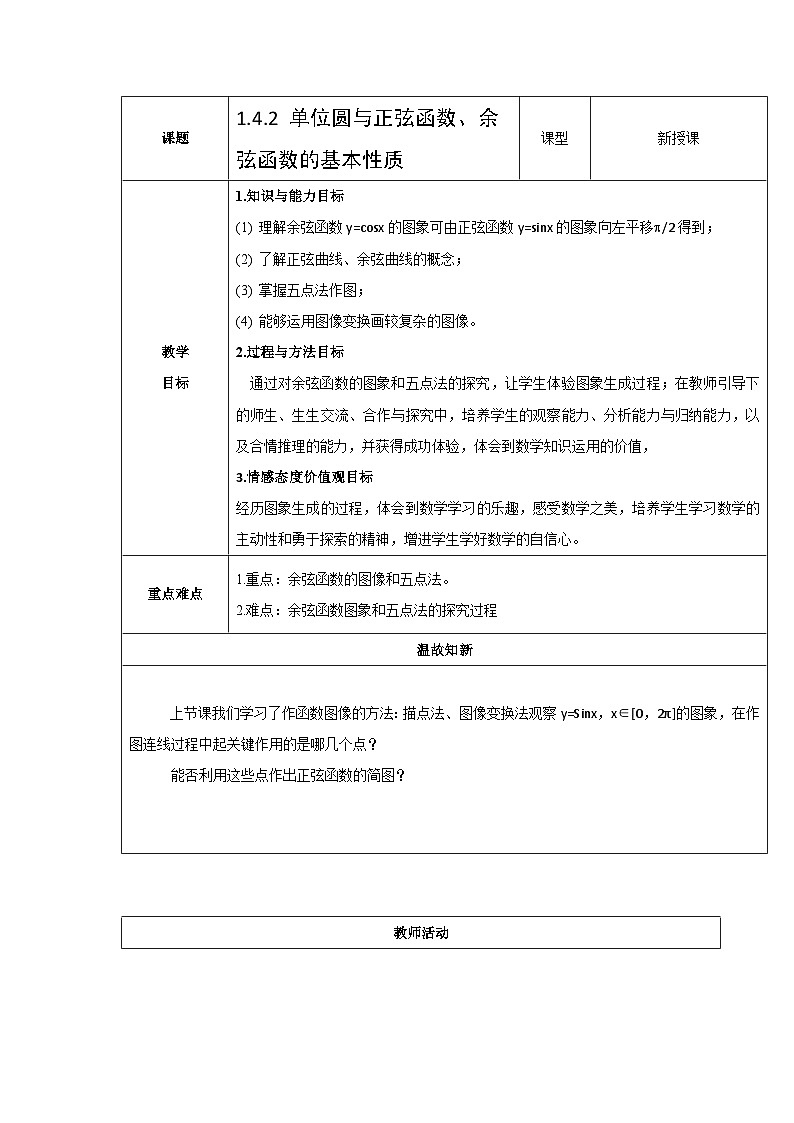 1.4.2 单位圆与正弦函数、余弦函数的基本性质(教案)-北师大版高中数学必修二第1页