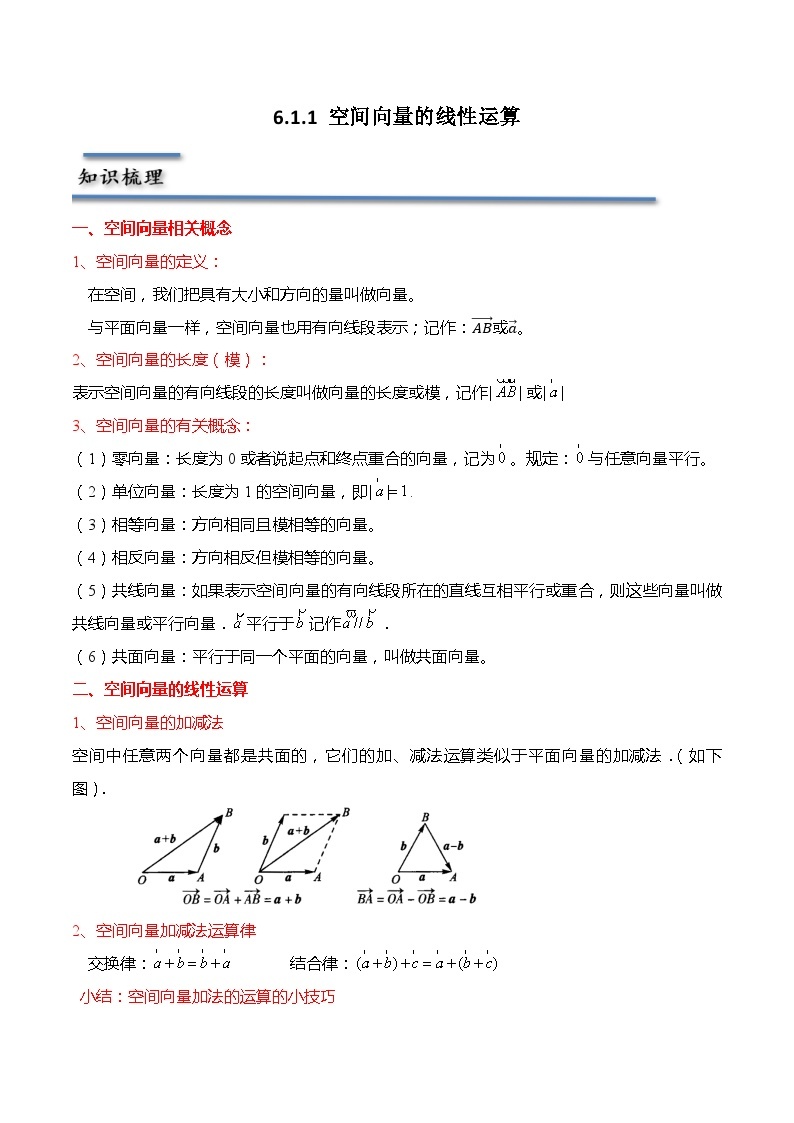 6.1.1 空间向量的线性运算-2023-2024学年高二数学同步讲练测(苏教版选择性必修第二册)01