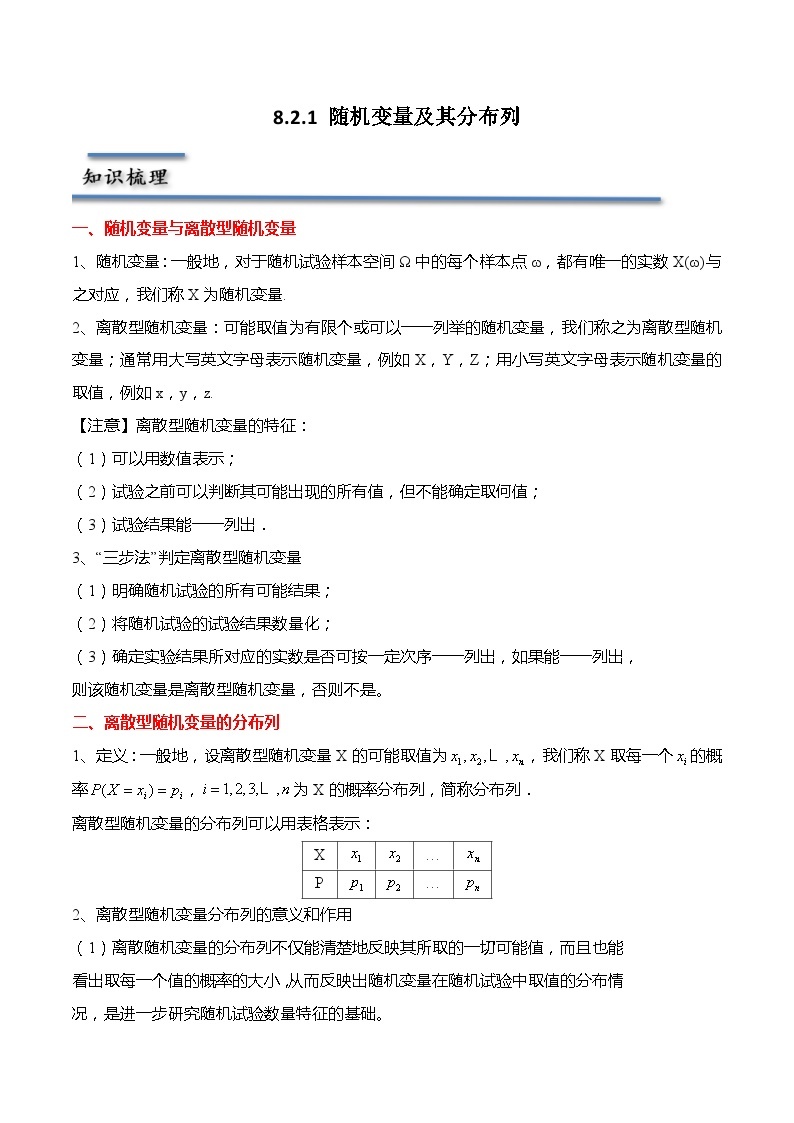 8.2.1 随机变量及其分布列-2023-2024学年高二数学同步讲练测(苏教版选择性必修第二册)01