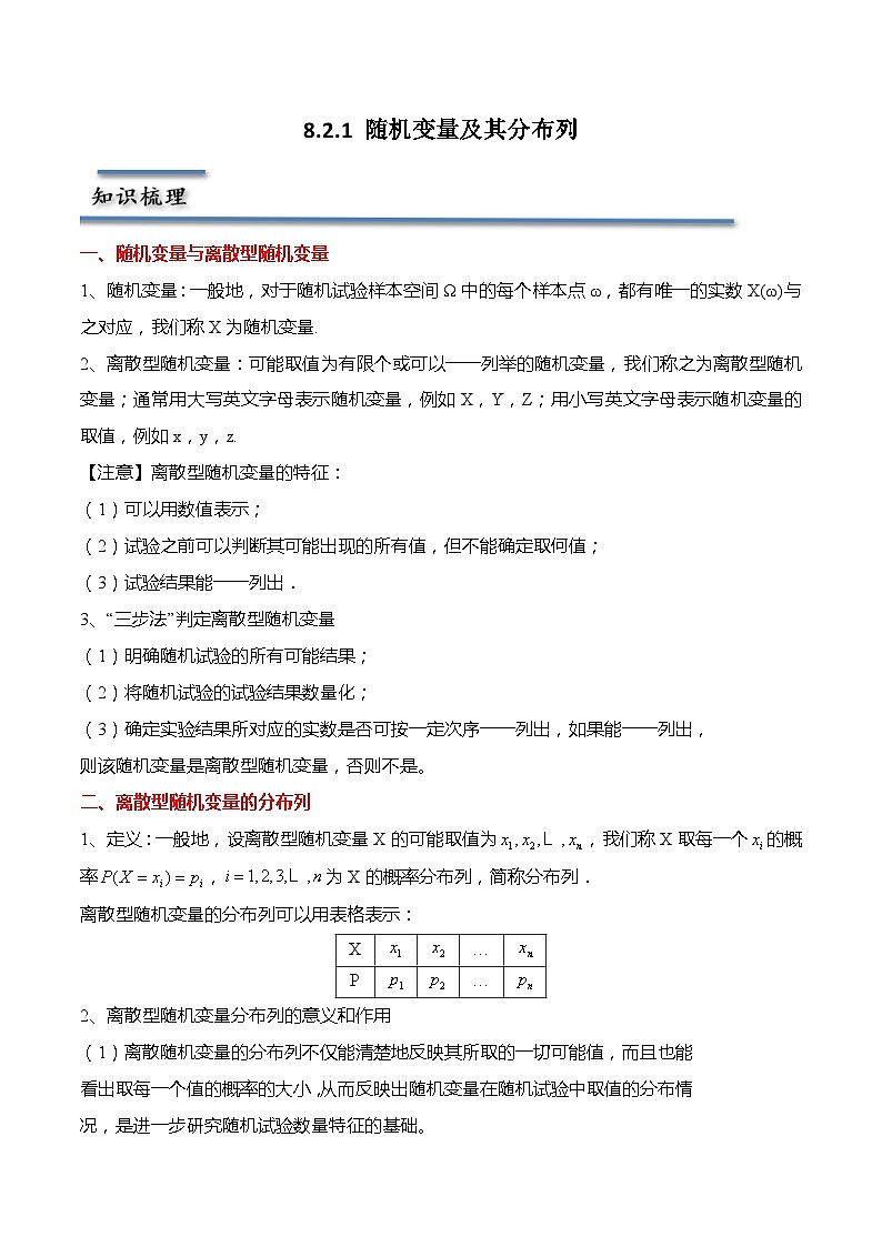 8.2.1 随机变量及其分布列-2023-2024学年高二数学同步讲练测(苏教版选择性必修第二册)01
