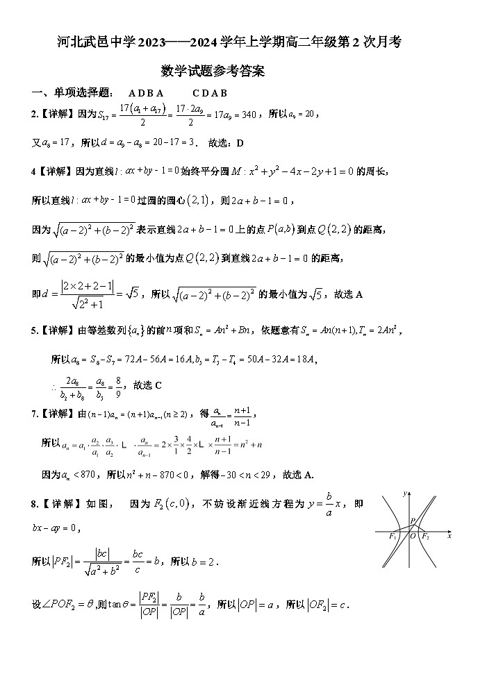 河北武邑中学2023——2024学年上学期高二年级第2次月考数学参考答案第1页