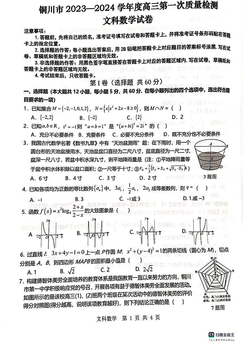 铜川市2023—2024学年度高三第一次模拟考试文数第1页
