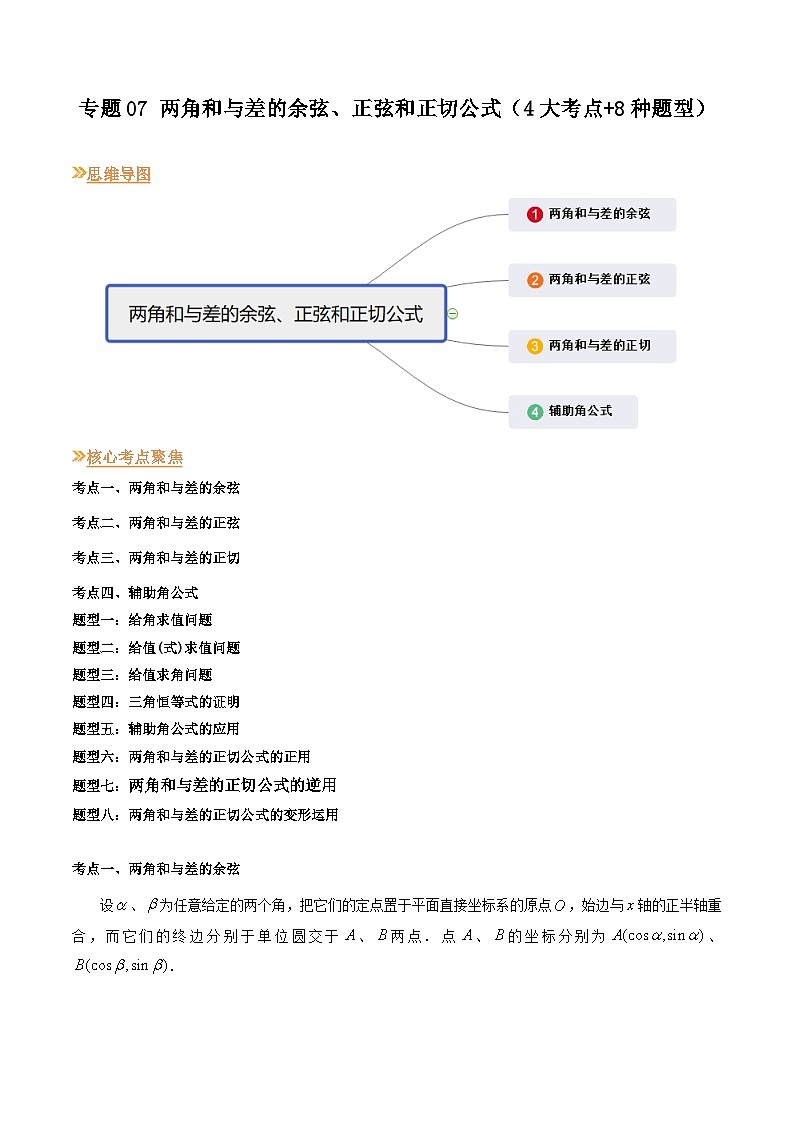 【寒假作业】(沪教版2020)高中数学 高一寒假巩固提升训练 专题07两角和与差的余弦、正弦和正切公式(4大考点+8种题型)-练习01