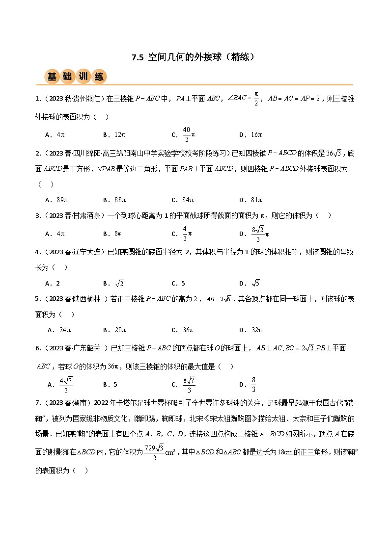 7.5 空间几何的外接球(精练)(原卷版)第1页