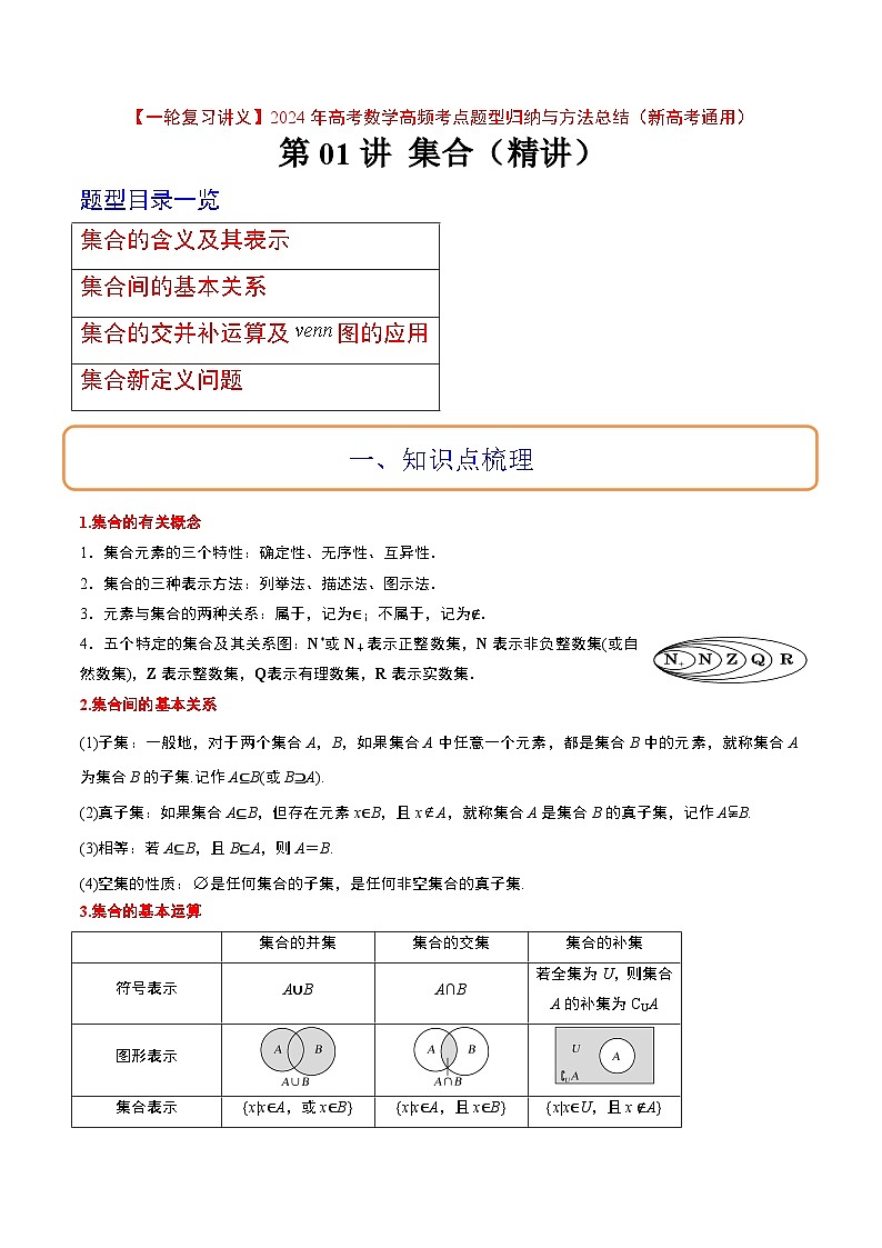 (新高考通用)2024年高考数学【一轮复习讲义】高频考点题型归纳与方法总结  第01讲 集合(精讲)(原卷版+解析)第1页