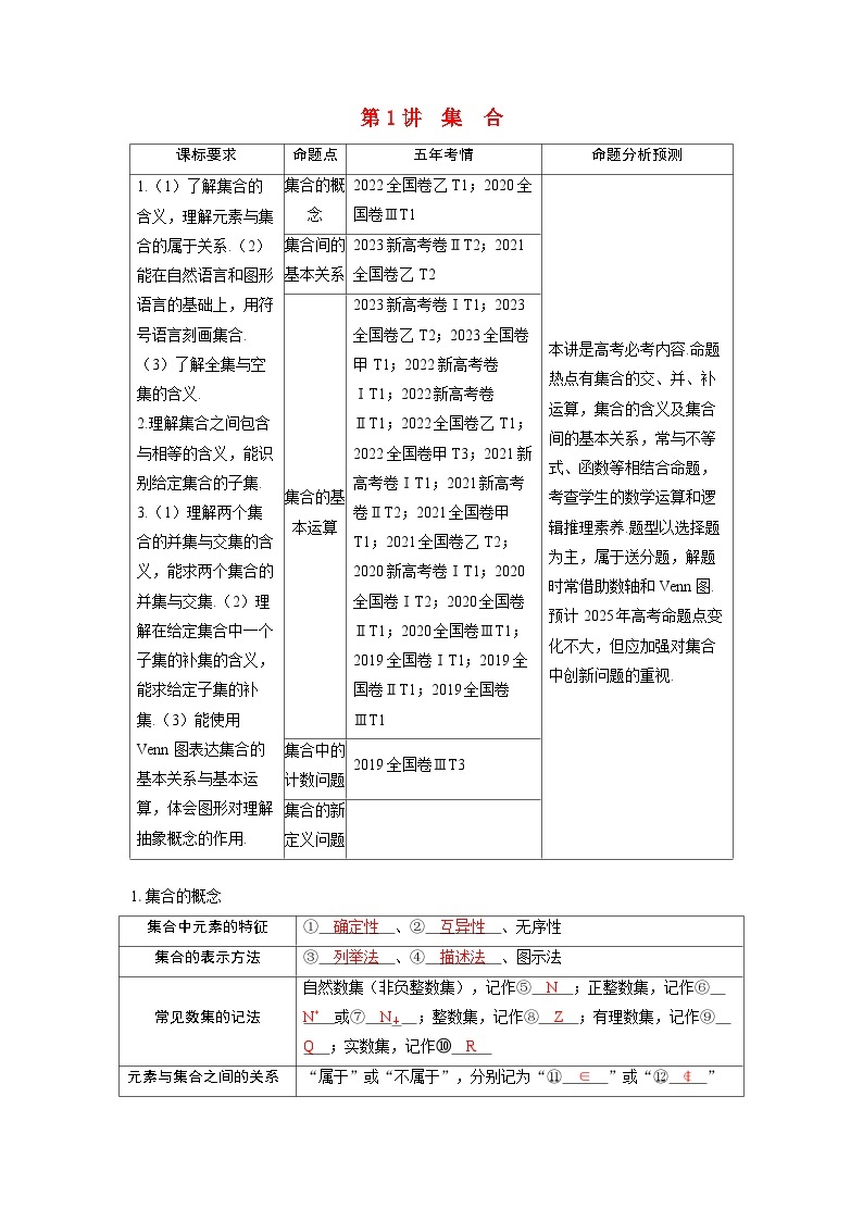 备考2024届高考数学一轮复习讲义第一章集合常用逻辑用语与不等式第1讲集合01