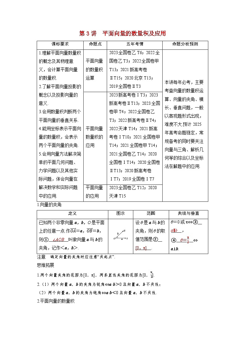 備考2024屆高考數(shù)學(xué)一輪復(fù)習(xí)講義第六章平面向量復(fù)數(shù)第3講平面向量的數(shù)量積及應(yīng)用第1頁(yè)