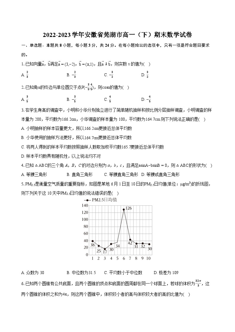 2022-2023学年安徽省芜湖市高一（下）期末数学试卷（含详细答案解析）01
