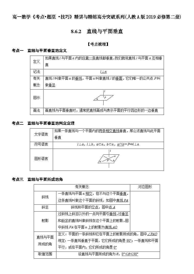 (人教A版2019必修第二册)数学《考点•题型 •技巧》精讲与精练高分突破 8.6.2 直线与平面垂直)【附答案详解】01