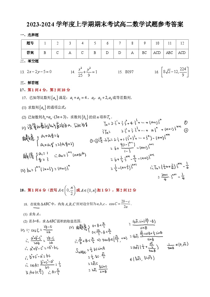 湖北省武汉外国语学校2023-2024学年高二上学期期末考试数学试题（Word版附答案）01