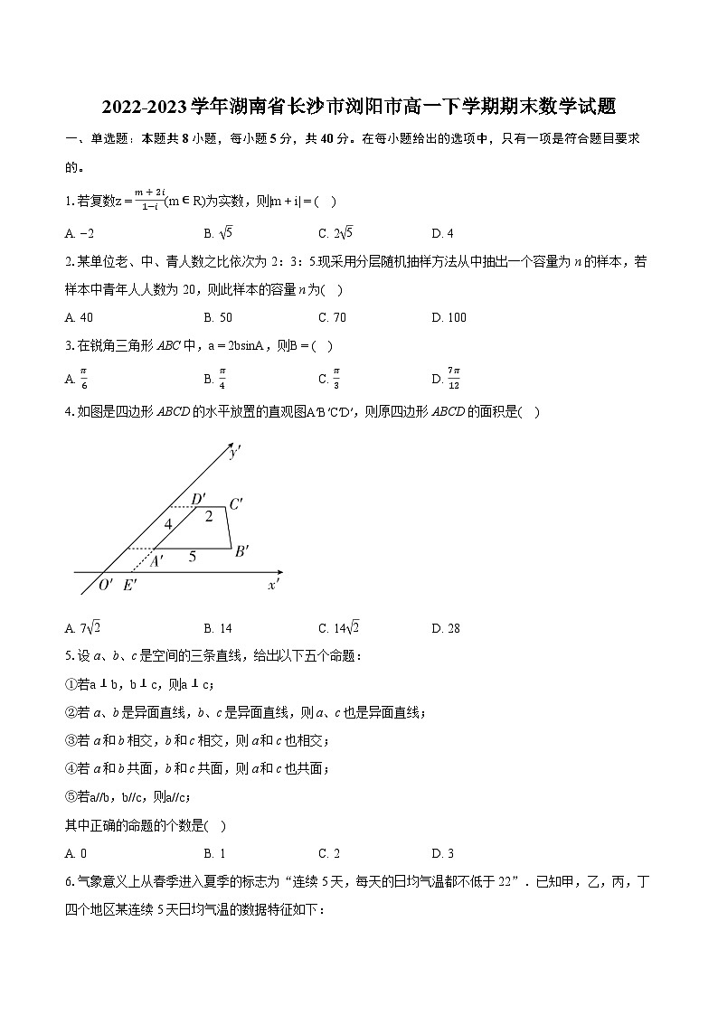 2022-2023学年湖南省长沙市浏阳市高一下学期期末数学试题(含详细答案解析)01