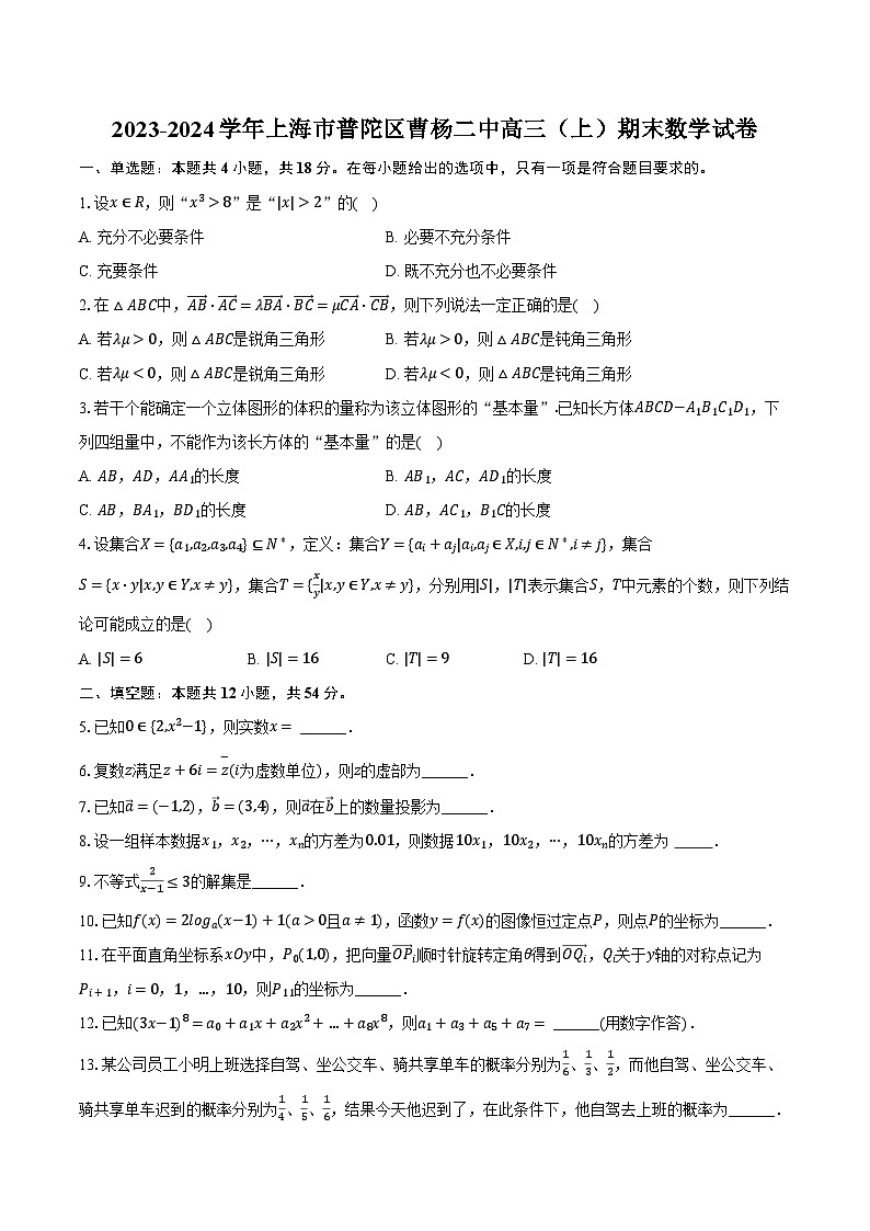 2023-2024学年上海市普陀区曹杨二中高三(上)期末数学试卷(含解析)第1页