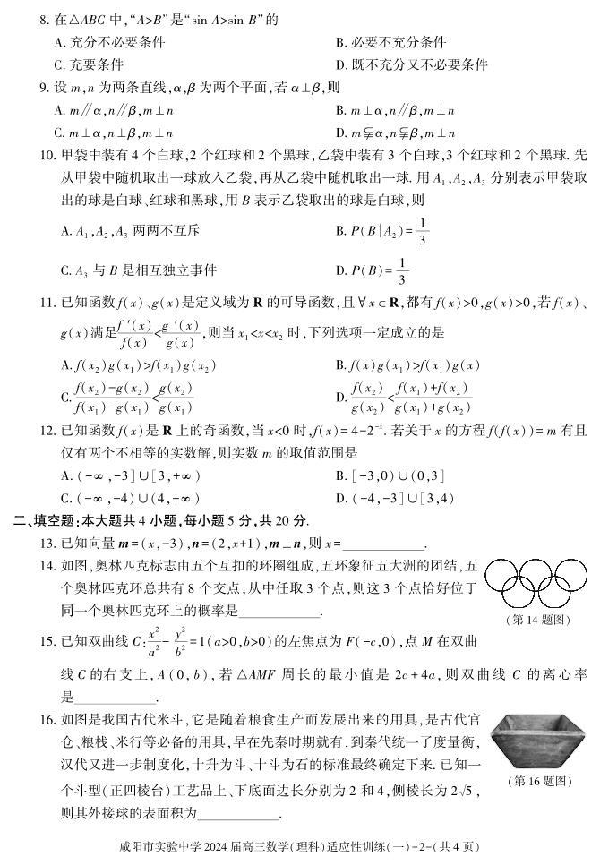 陕西省咸阳市实验中学2022-2023学年高三下学期适应训练（一模）（一）数学（理）试题02