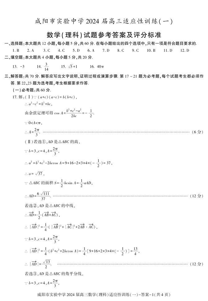 陕西省咸阳市实验中学2022-2023学年高三下学期适应训练（一模）（一）数学（理）试题01