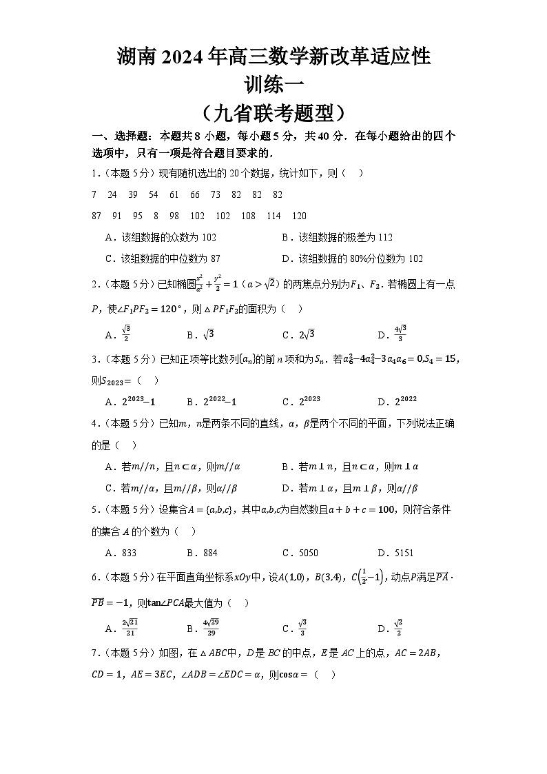 湖南省长沙市第一中学2024届高三数学新改革适应性训练一(九省联考题型)01