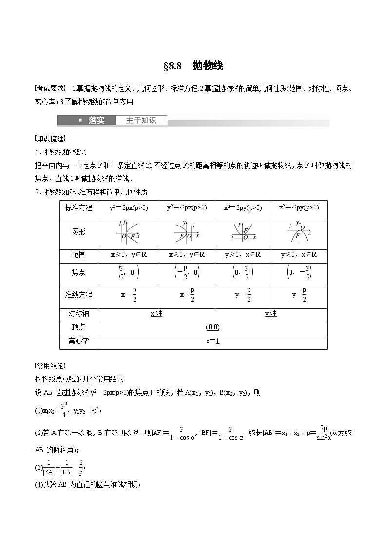 (新高考)高考数学一轮复习讲义+巩固练习8.8《抛物线》(教师版)第1页