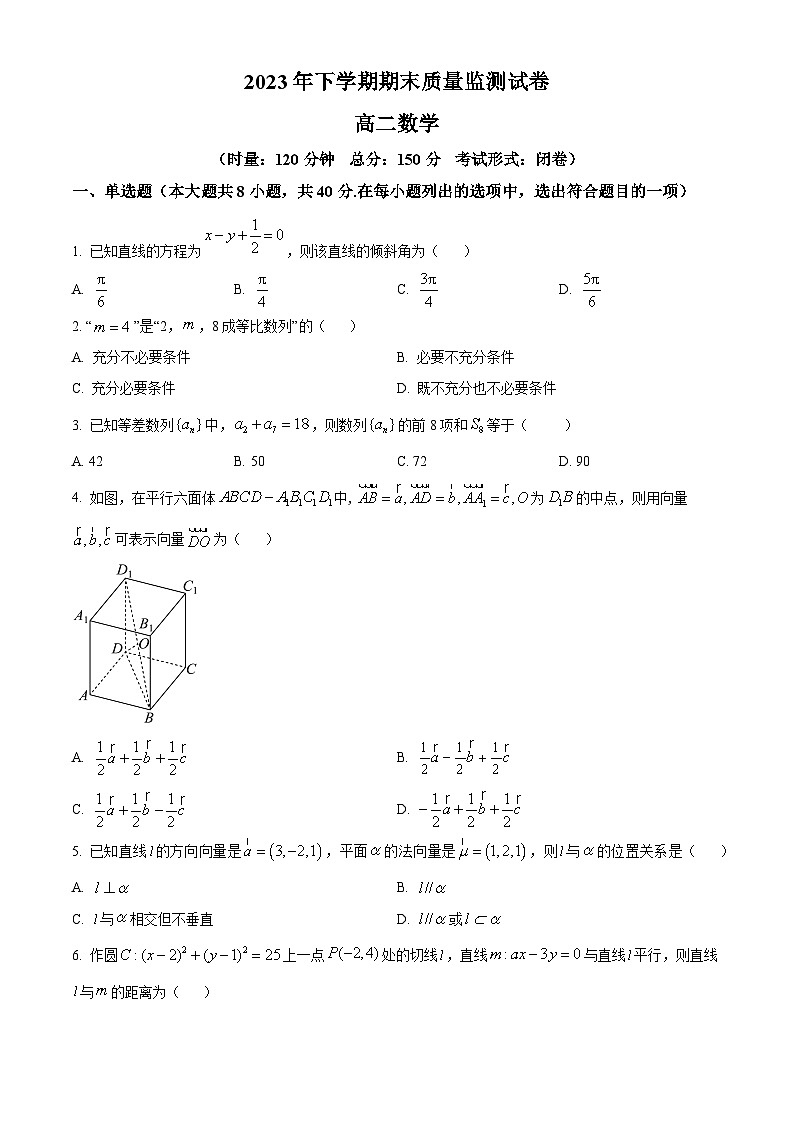 湖南省浏阳市2023-2024学年高二上学期期末质量监测数学试卷(原卷版)第1页