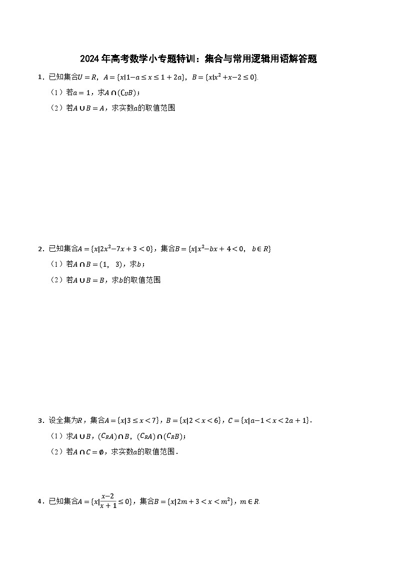 2024年高考数学小专题特训:集合与常用逻辑用语解答题第1页
