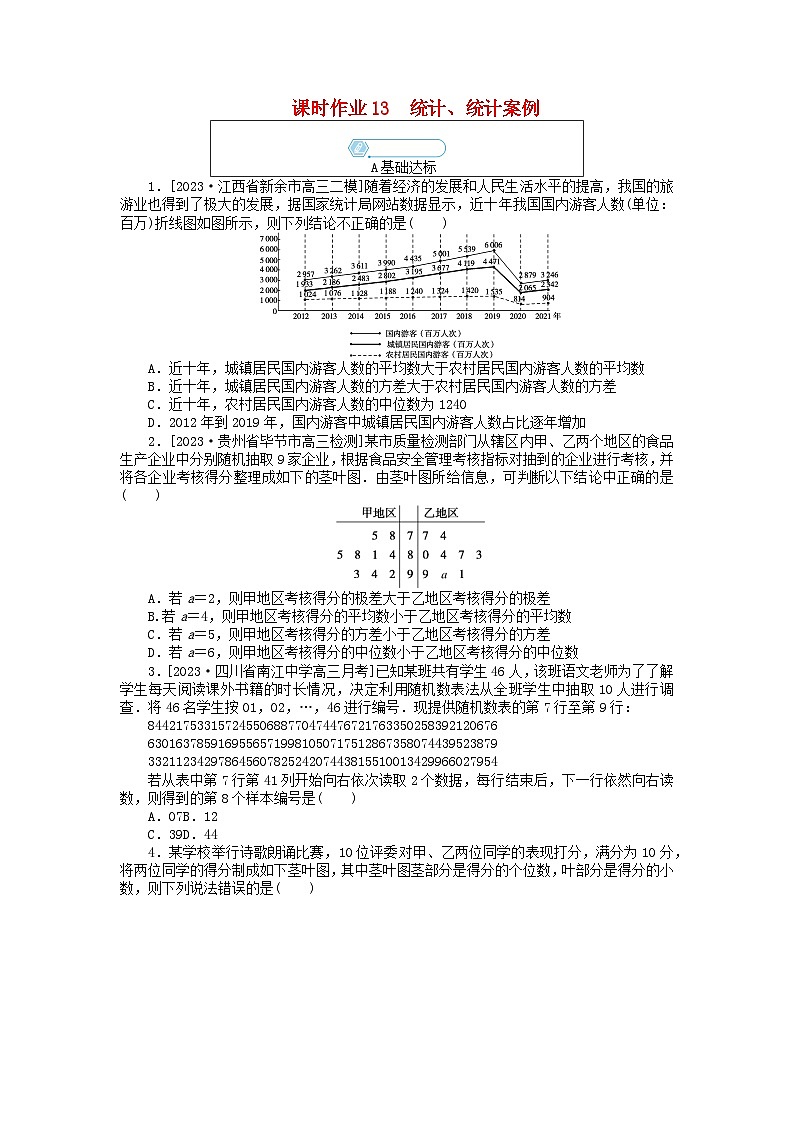 统考版2024高考数学二轮专题复习课时作业13统计统计案例理第1页