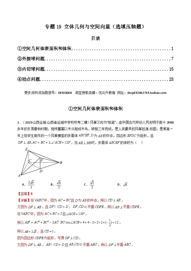 专题19 立体几何与空间向量（选填压轴题）（学生+教师版）--310高考数学压轴题（新高考版）01