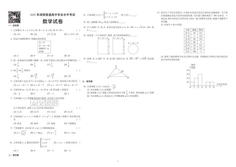 2009-2023湖南高中学考数学试卷01