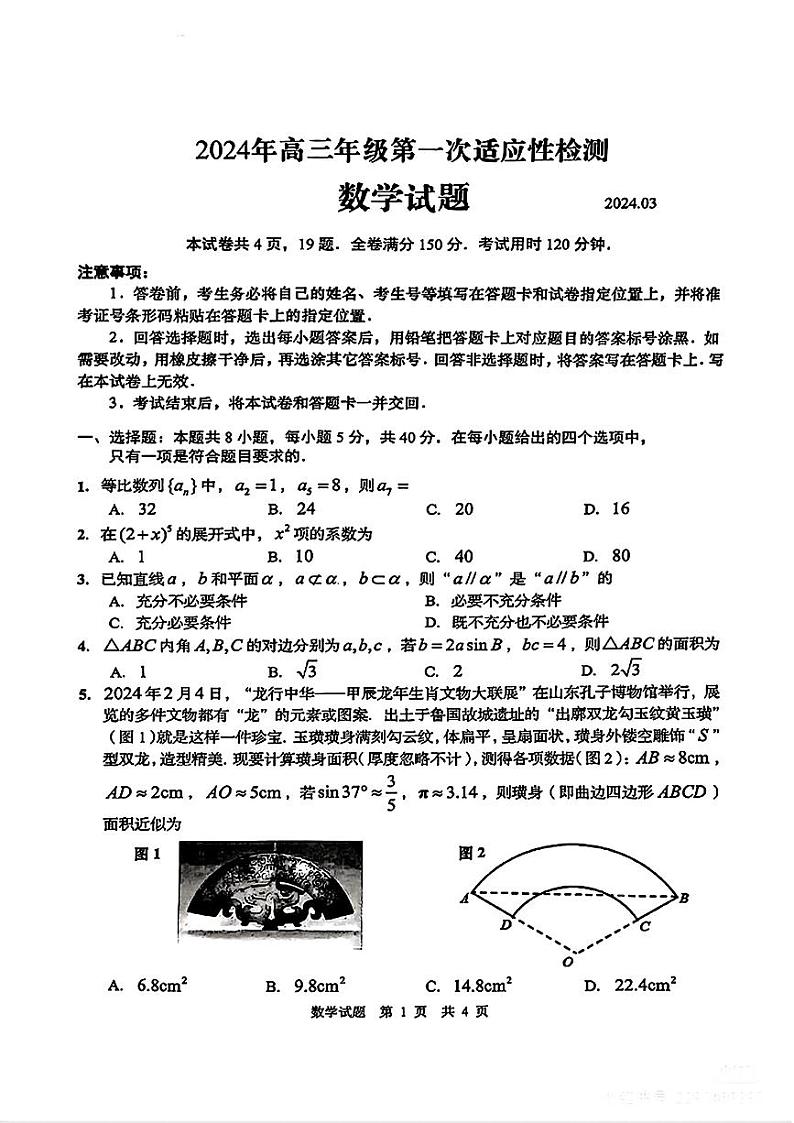 山东省青岛市2024届高三下学期第一次适应性检测数学试题01