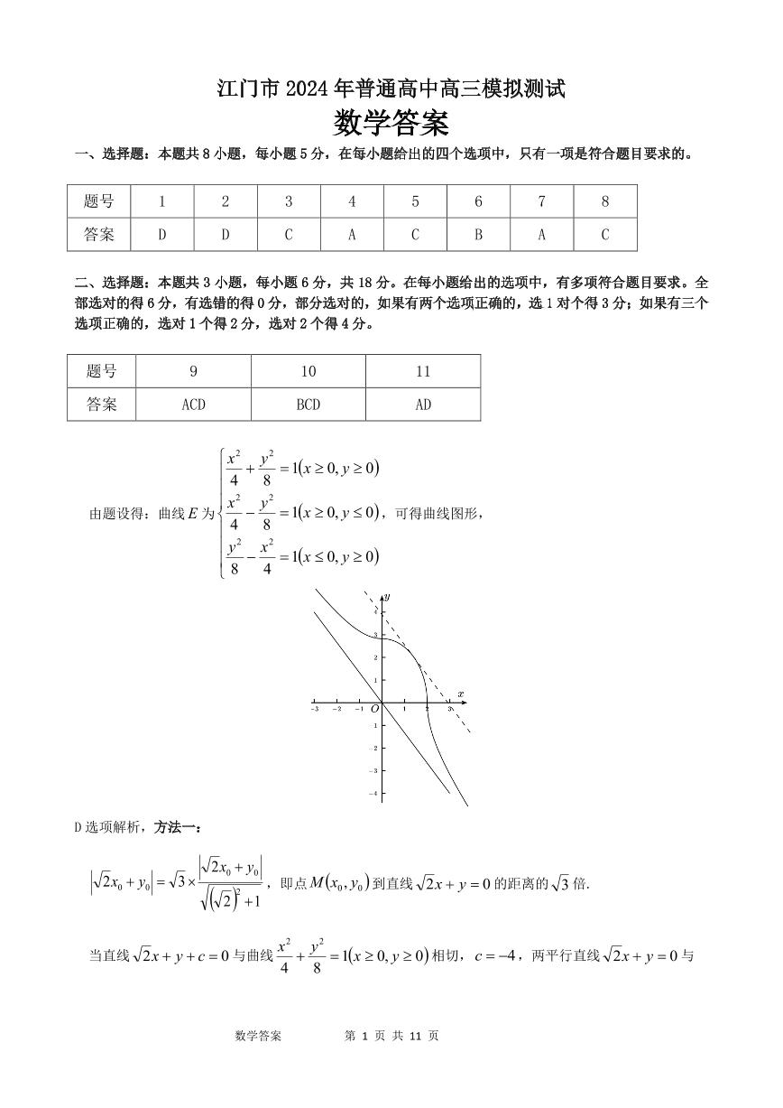 2024年03月江门市高三下学期数学一模试题及答案