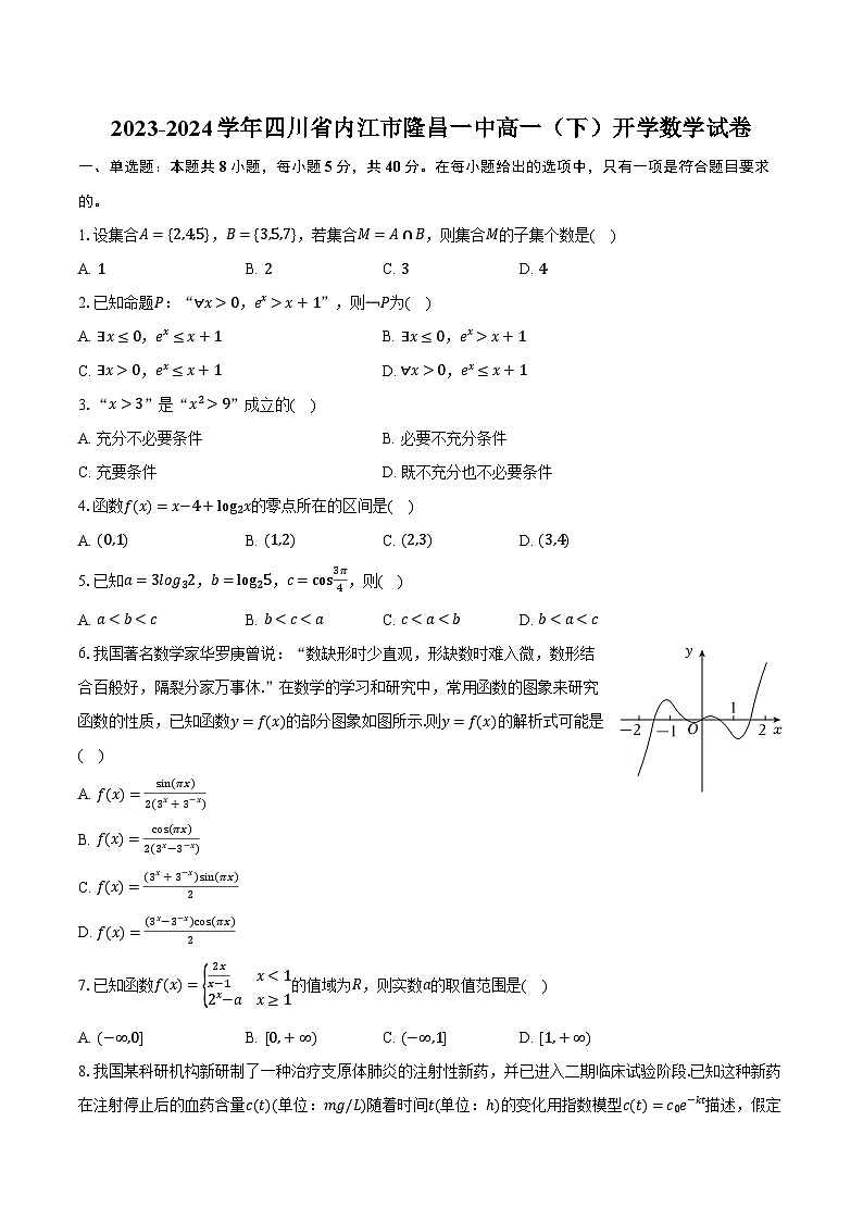 2023-2024学年四川省内江市隆昌一中高一(下)开学数学试卷(含解析)第1页