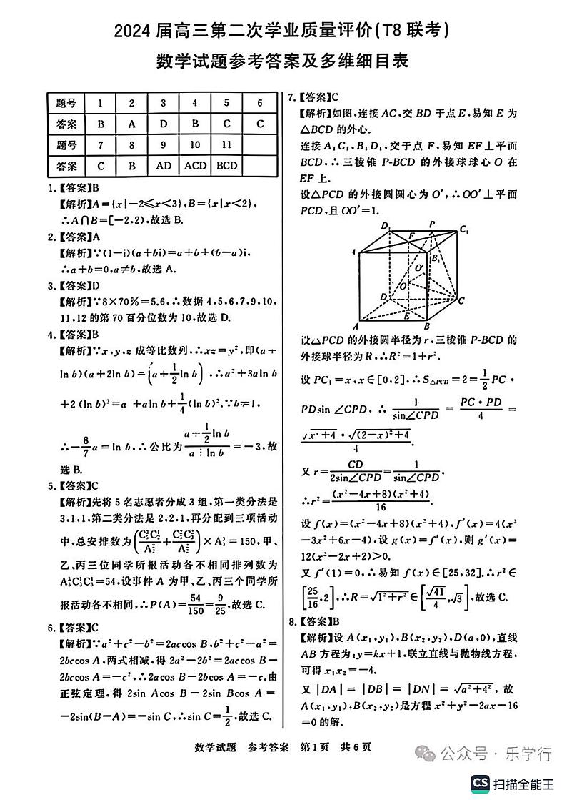 2024届湖北高三第二次学业质量评价(T8联考)数学试题+答案01