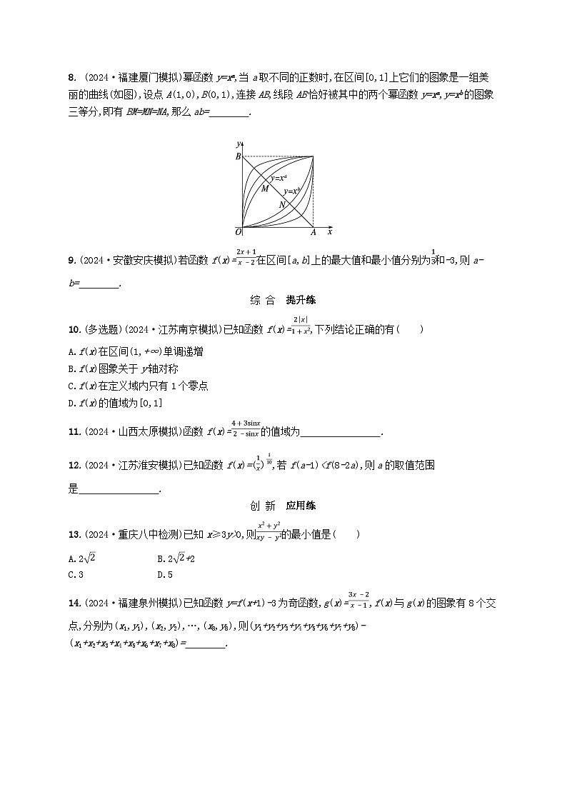 备战2025届新高考数学一轮总复习课时规范练12幂函数对勾函数及一次分式函数(附解析人教A版)第2页