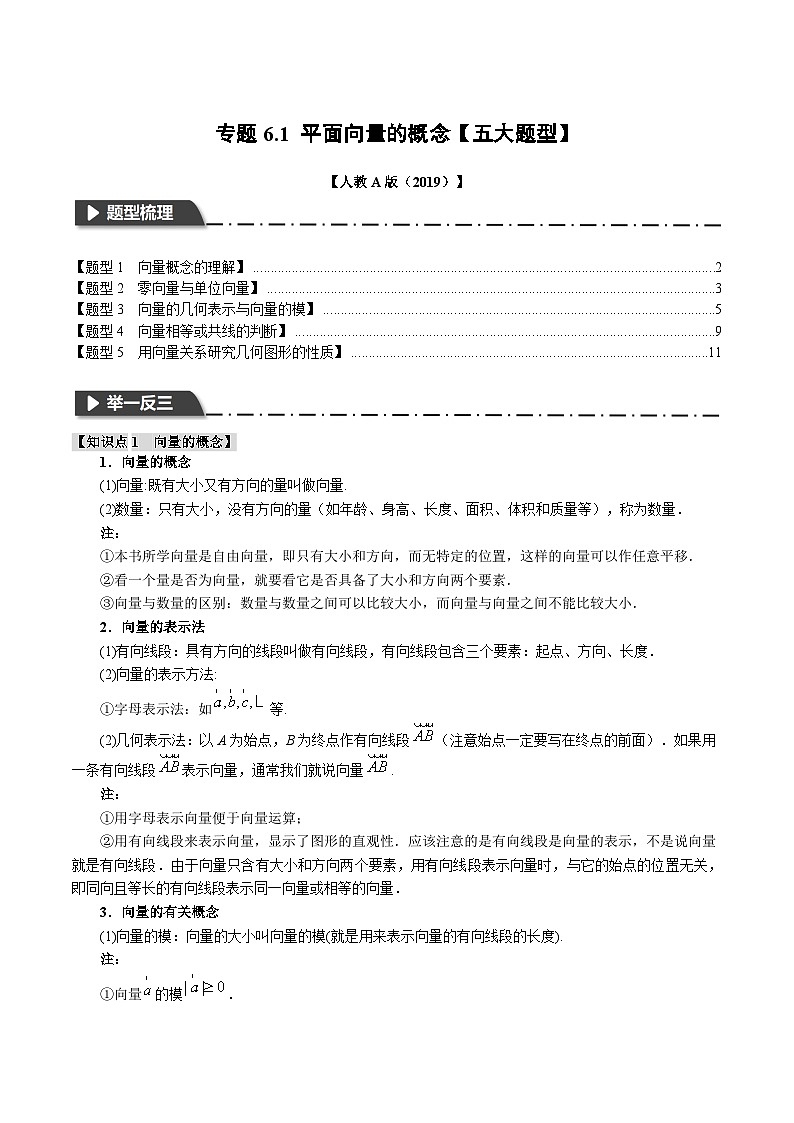 专题6.1 平面向量的概念-2023-2024学年高一数学下学期常考考点精讲精练(人教A版必修第二册)01