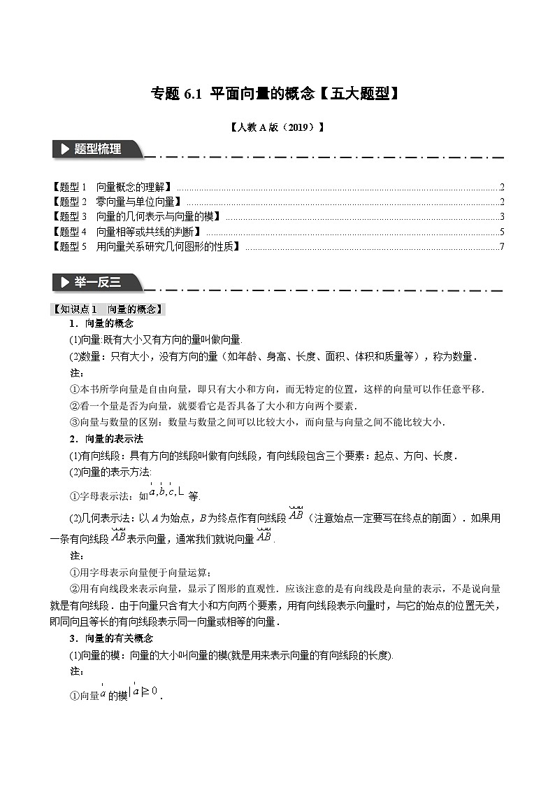 专题6.1 平面向量的概念-2023-2024学年高一数学下学期常考考点精讲精练(人教A版必修第二册)01