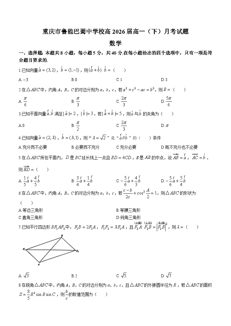 重庆市鲁能巴蜀中学校2023-2024学年高一下学期3月月考数学试题(含答案)01