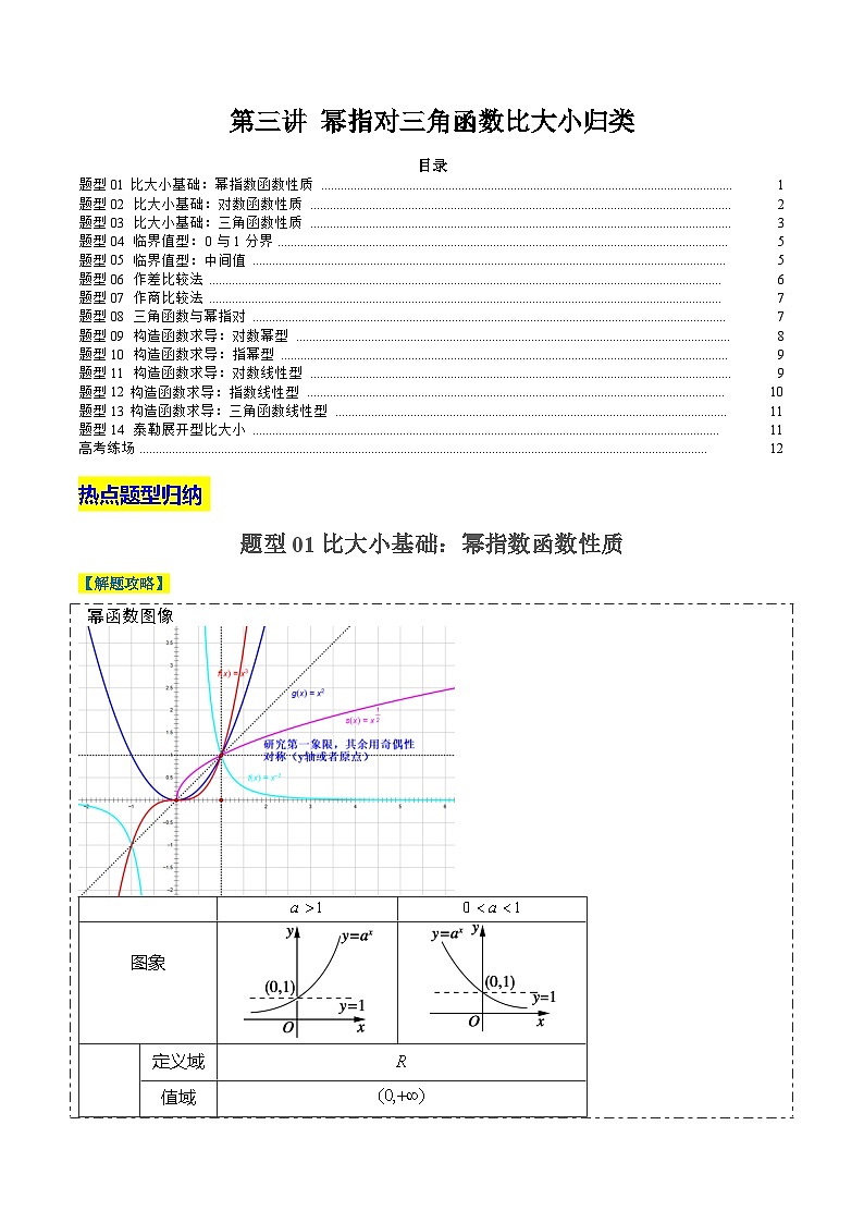 2024年新高考数学题型全归纳讲义第三讲幂指对三角函数比大小归类(原卷版+解析)第1页