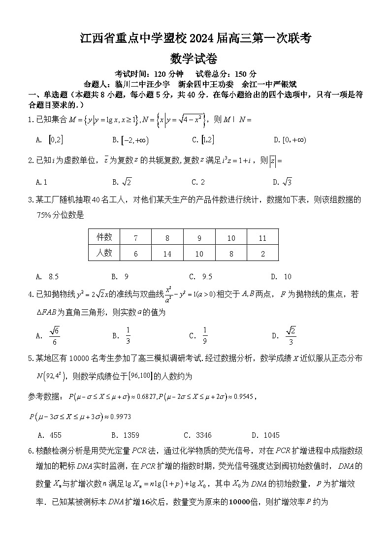 江西省重点中学盟校2024届高三第一次联考数学试题第1页