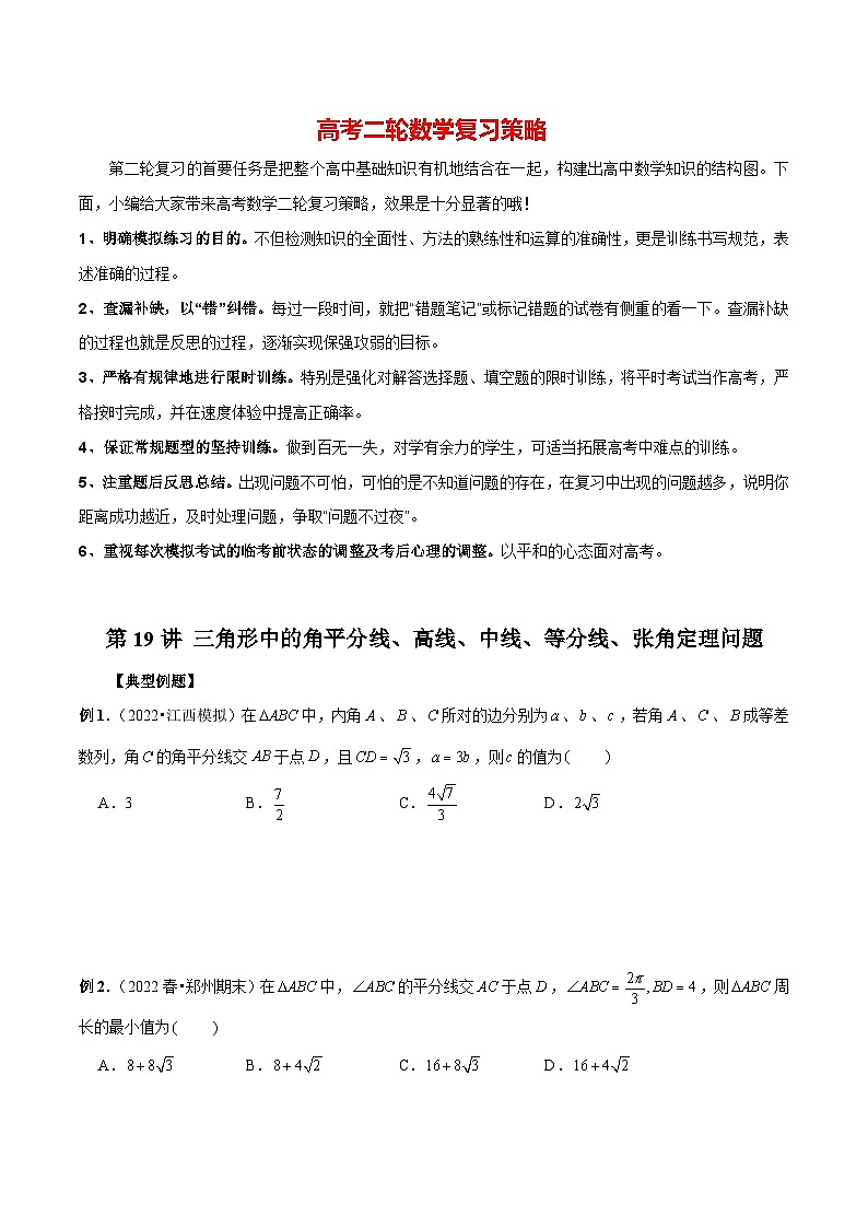 第19讲 三角形中的角平分线、高线、中线、等分线、张角定理问题(原卷版)第1页