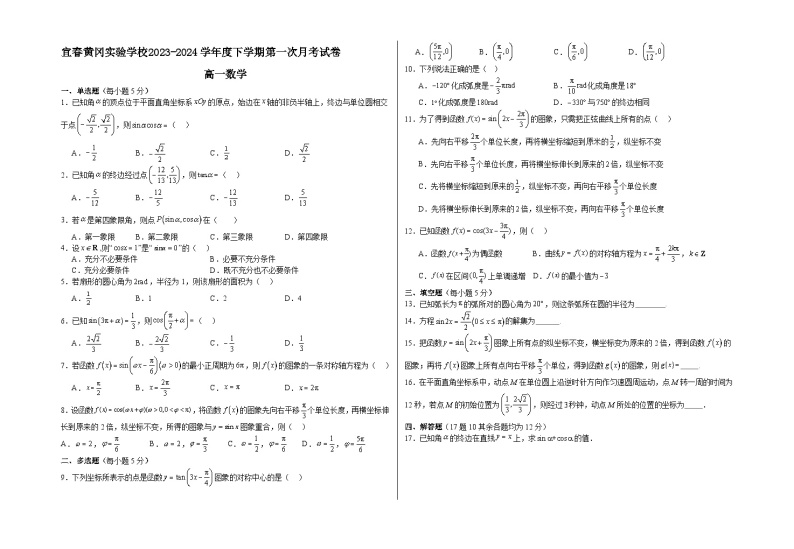 江西省宜春黄冈实验学校2023-2024学年高一下学期第一次月考数学试卷01