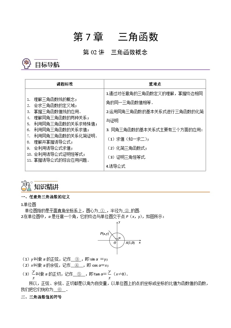 第02讲 三角函数概念-高一数学同步精品讲义（苏教版必修第一册）01