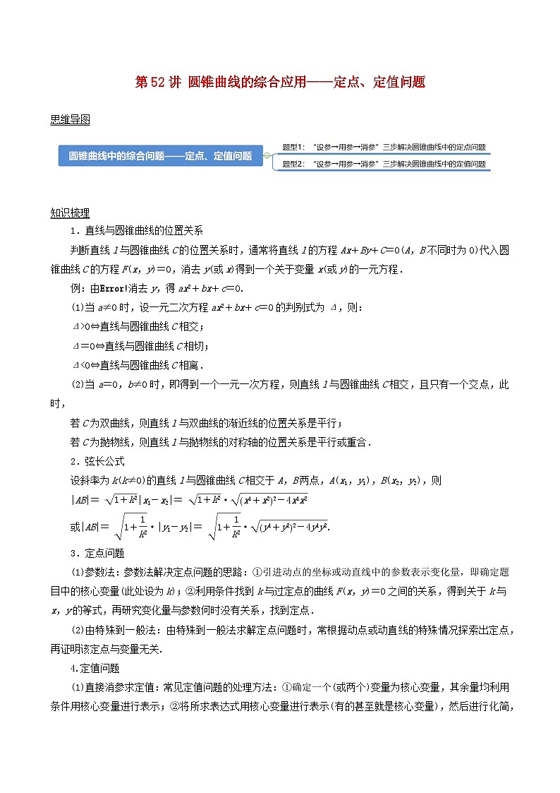 2024年新高考数学一轮复习知识梳理与题型归纳第52讲圆锥曲线的综合应用_定点定值问题(学生版)第1页
