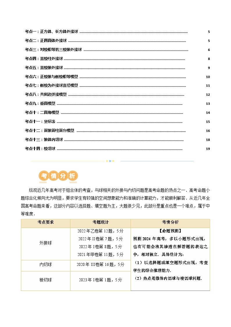 专题13 一网打尽外接球、内切球与棱切球问题+（14大核心考点）（讲义）-2024年高考数学二轮复习讲义（新教材新高考）02