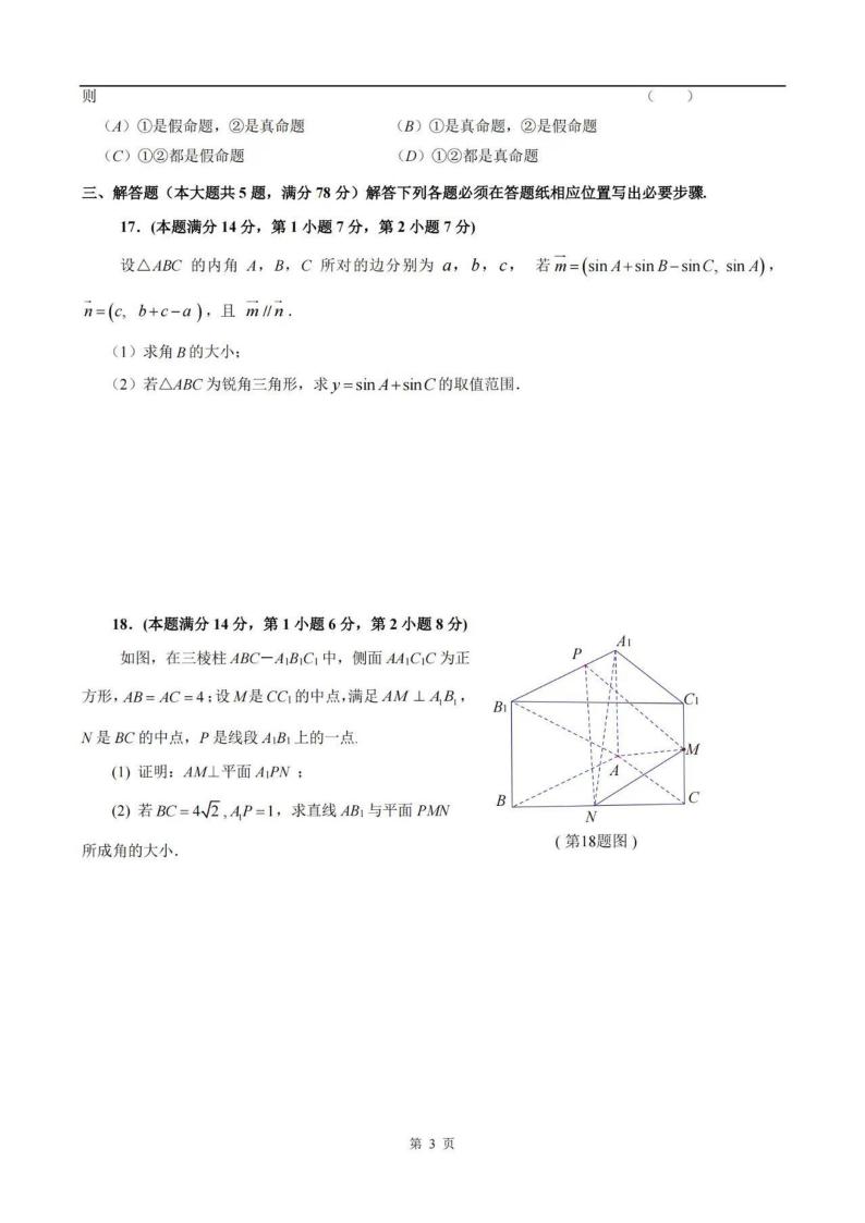 2024上海市虹口区高三一模数学试卷及答案03