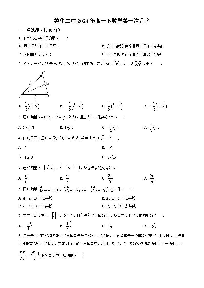 福建省泉州市德化第二中学2023-2024学年高一下学期3月月考数学试题(原卷版)第1页